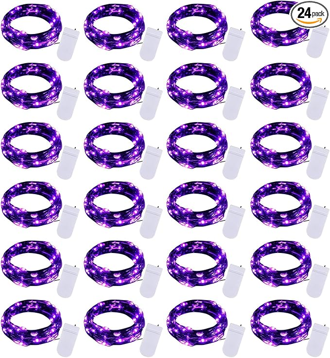 Brightown 24 Pack Fairy Lights Battery Operated, Halloween String Lights Waterproof Black Wire 7 ft 20 LED Firefly Starry Lights for Hallowen Decorations DIY Paper Lantern Craft Pumpkin (Purple)