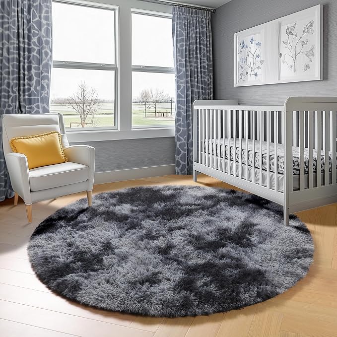 Tie-Dyed Dark Grey Round Area Rug 4ft, Ultra Soft Bedroom Circle Rugs - Image 7