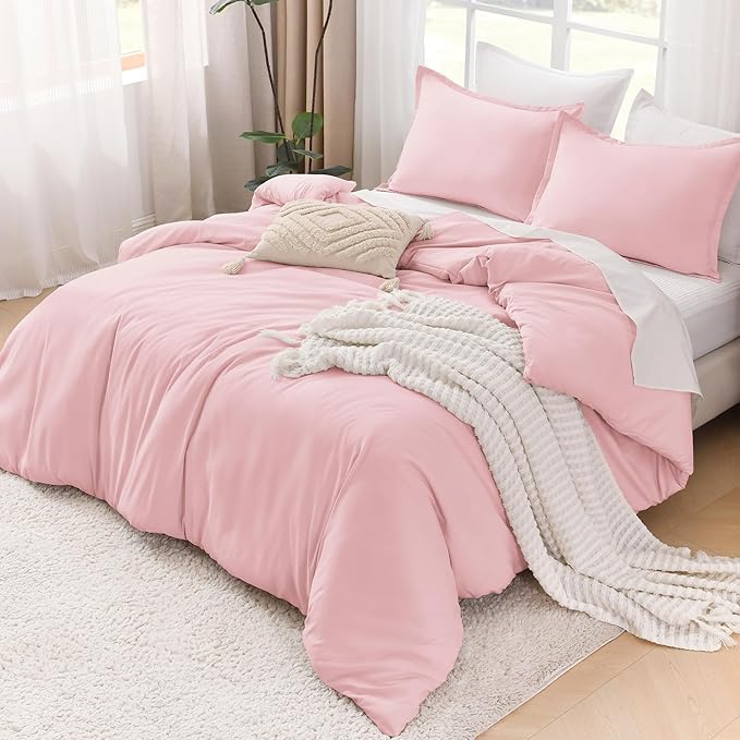 Litanika Comforters Pink Super King Plus Size, 3 Pieces Lightweight Solid Bedding Set & Collections, All Season Fluffy Bed Set (128x120In Comforter & 2 Pillowcases)