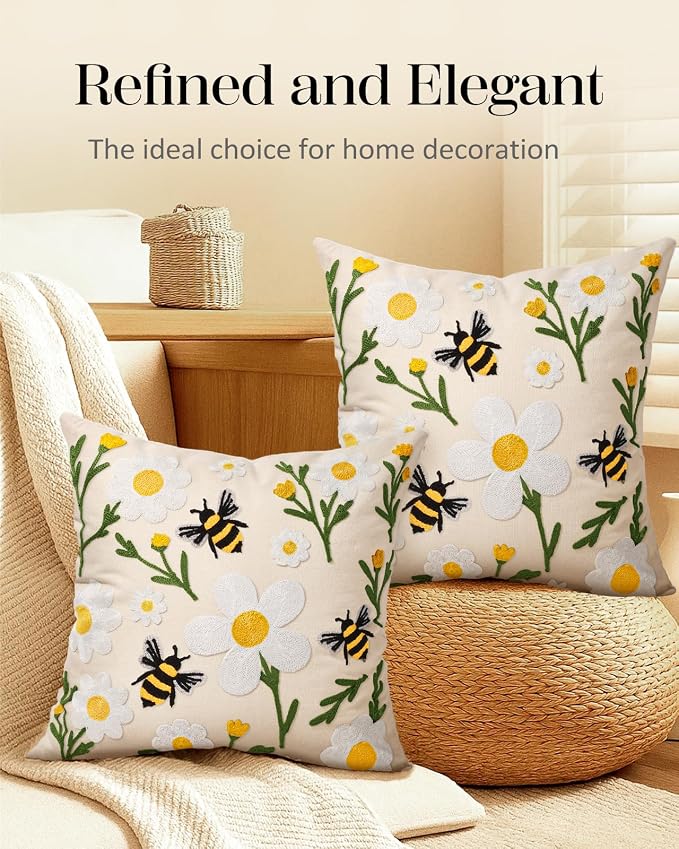 Embroidered Throw Pillow Covers 18x18 Inch, Flower Bee | Decorative Pillow - Image 5