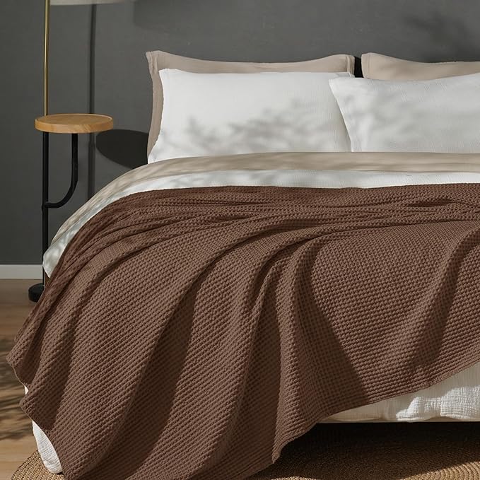 PHF 100% Cotton Waffle Weave Blanket Queen Size for Bed,Snag Proof Lightweight Breathable Moisture-Wicking Throw for Couch,Great for Layering in Cold Weather,Machine Washable, Home Decor-Cappuccino