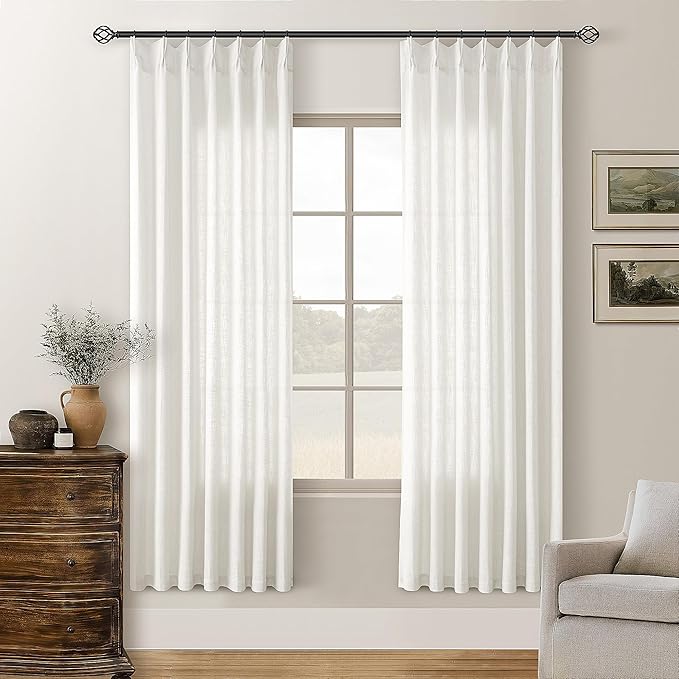 Beige White 72 Inch Pinch Pleated Linen Semi Sheer Curtains 2 Panels 40x72 | by Twodrapes
