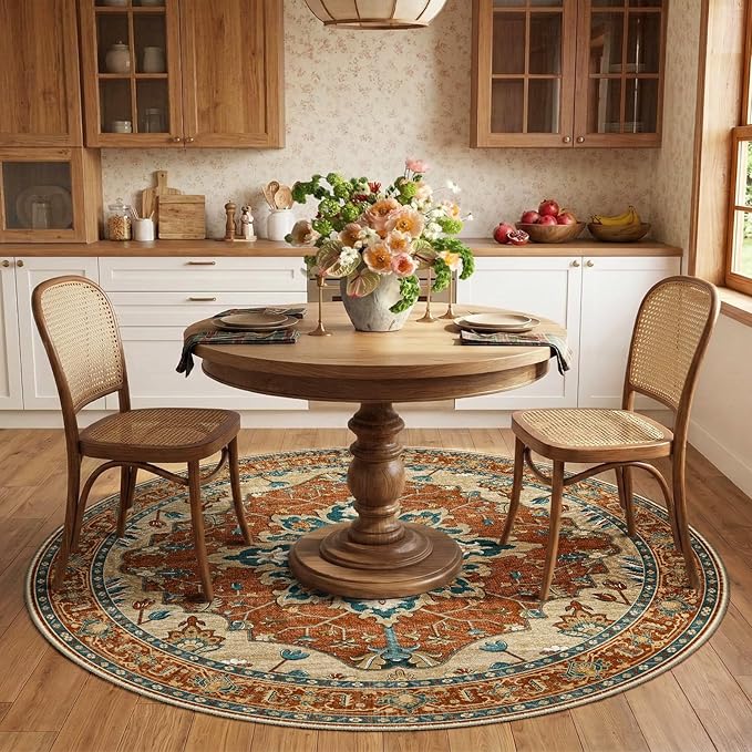 RELEANY Washable Area Rug, Round 6ft, Water Repellent, Pet Friendly, Vintage - Image 3