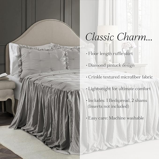 Lush Decor Ravello Pintuck Ruffle Skirt Bedspread Set - Luxe 3 Piece Ruffled Bedding Set - Traditional Glam & Farmhouse Inspired Bedroom Decor - King, Light Gray