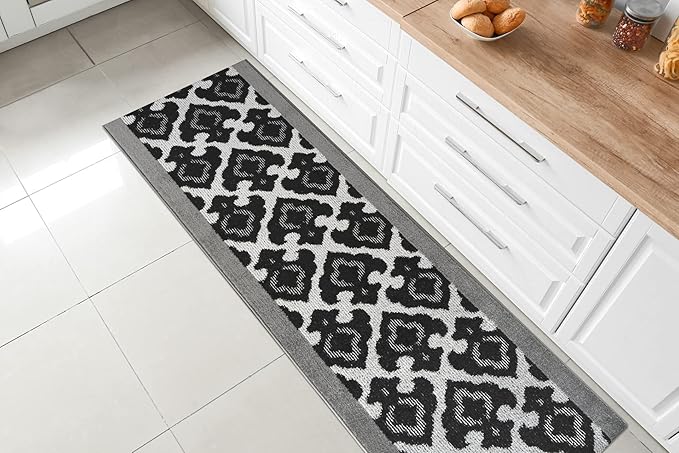 Custom Length Cut to Size Fleur de Lis Inspired Carpet Runner Rug for Hallways, Non Slip Rubber Backed, 31 inch Wide X Customized Length, Royal Grey, 31 inch X 22 feet