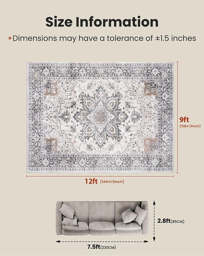 AMADA HOMEFURNISHING 9x12 Washable Area Rug, Low-Profile Large Area Rug - Image 2