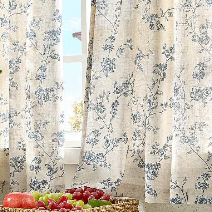 Blue on Beige Linen Kitchen Curtains Rod Pocket 26W X 36L 2 Panels | Elisa - Image 8