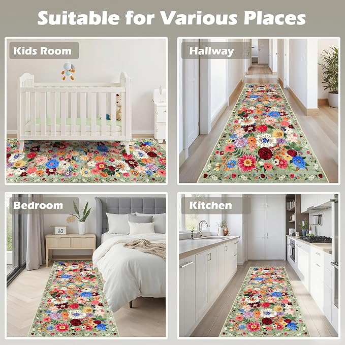 Floral Hallway Runner Rug 2x6 for Bedroom Kitchen | Rubber Backing; Non Slip; - Image 4