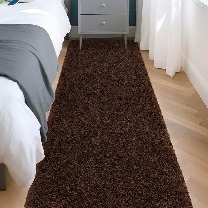 2x8 Bedside Area Rugs for Bedroom Soft Fluffy Shag Brown Rug for Hallway - Image 3