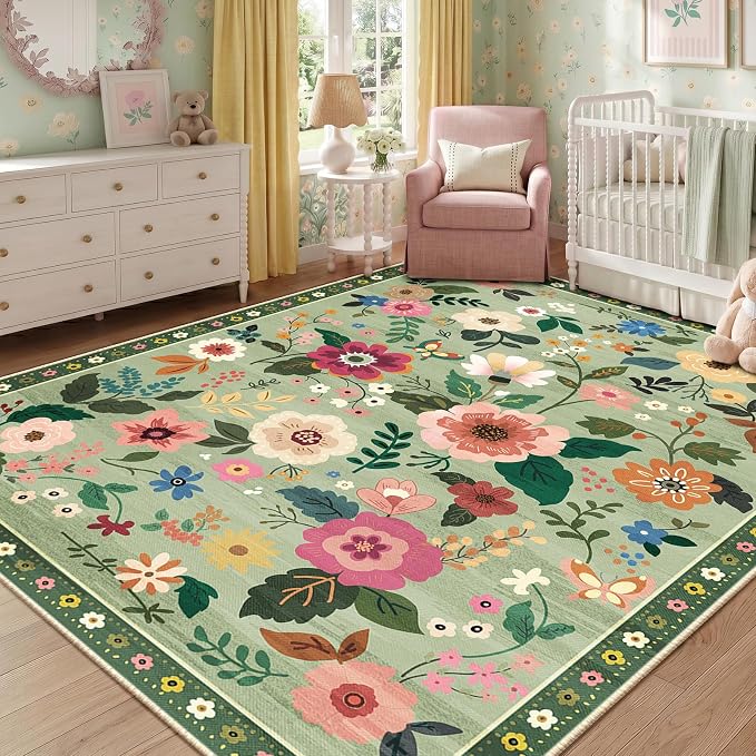 RELEANY Floral Washable 8x10 Area Rugs LightGreen | Flower Carpet Print Boho - Image 6