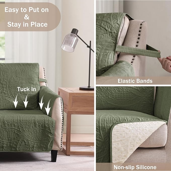 Green Quilted Recliner Covers, Water-Repellent Recliner Slipcovers, Recliner - Image 3