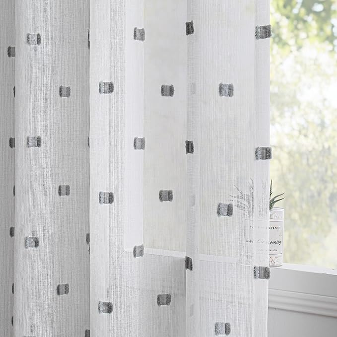 MYSKY HOME White Curtains for Bedroom 63 Inch Length Long Sheer Curtains for Kids Room Nursery Curtains with Grey Patched Design Rod Pocket Privacy Window Drapes Dining Room 52" x 63" 2 Panels