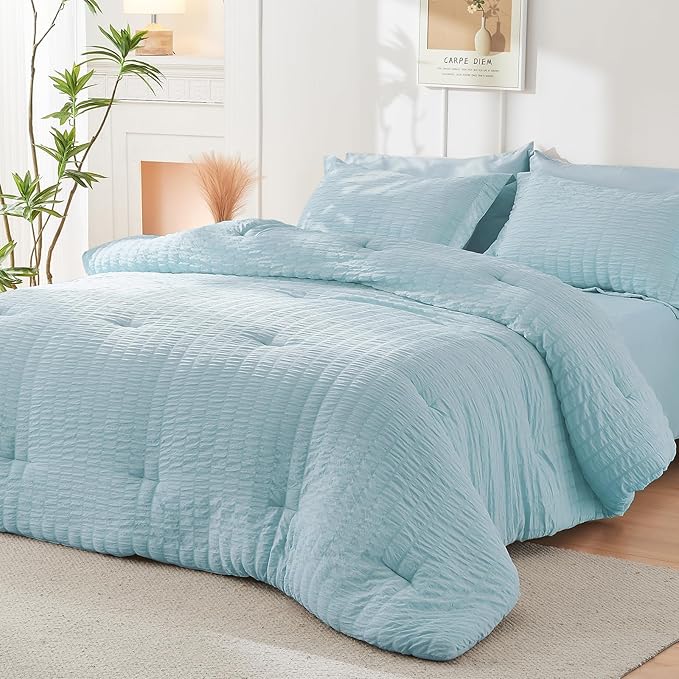HYMOKEGE Lake Blue Twin Comforter Set Seersucker 5 Pieces, All Season Luxury Bed in a Bag for Bedroom, Bedding Set with Comforters, Sheets, Pillowcase & Shams