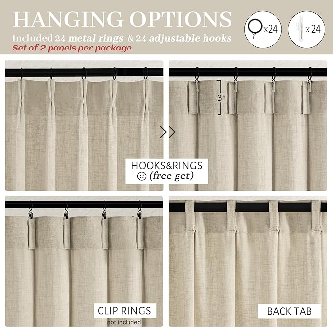 Pinch Pleated Linen Semi Sheer Warm Beige Curtains 96 Inches Long Bedroom | - Image 4