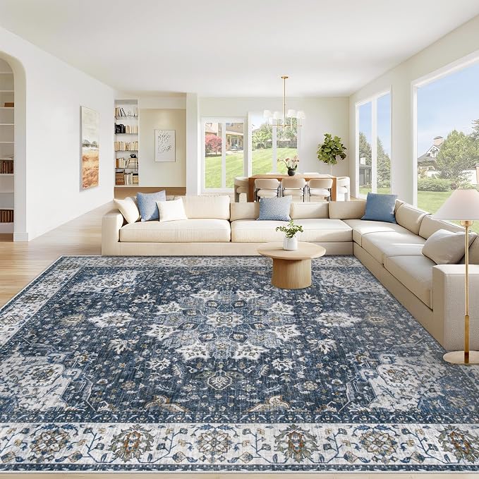 Area Rug 9x12 Washable Rug, Vintage Boho Medallion Rugs Non-Slip Soft Low Pile by VECARF