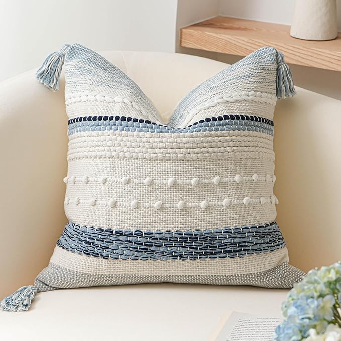Coastal Blue Boho Decorative Throw Pillow Cover 22x22 Modern Bohemian Accent by BlissBlush