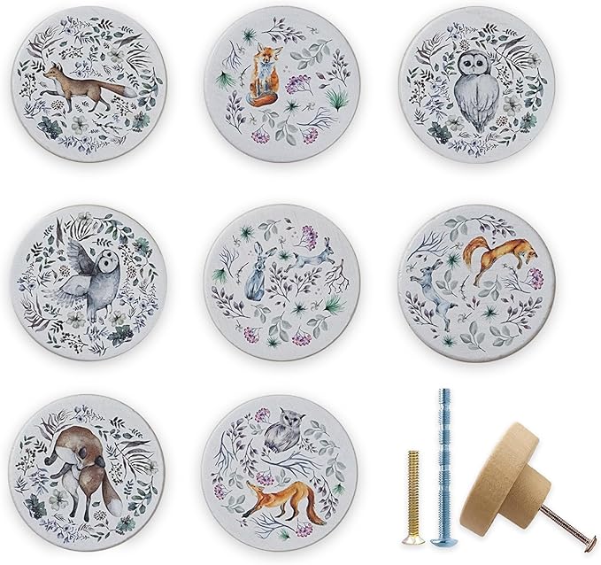 8Pack1.8 Wooden Jungle Animal Cabinet Drawer Knob Nursery Kids Room Dresser Furniture Drawer Handle Pulls and Knobs