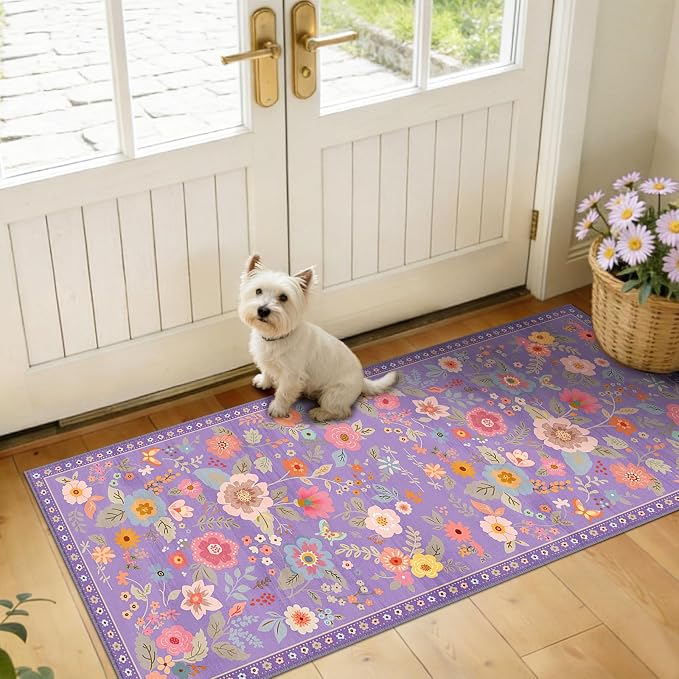Floral Washable 2x5 Area Rugs Runner Entryway Hallway Purple/Pink | Flower - Image 2