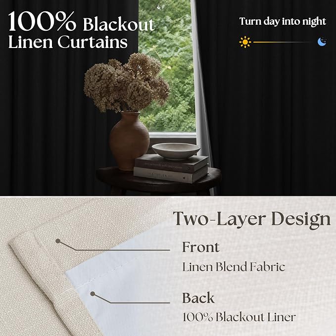 100% Blackout Linen 126 Inch Curtains 2 Panel Set - Image 4