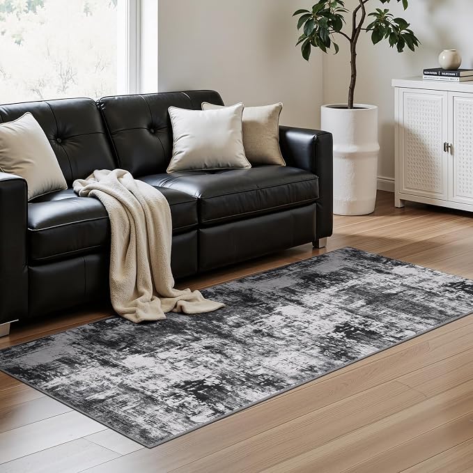 Rugflix 2x8 Runner Rug for Hallway, Washable Black Grey Kitchen Runners | - Image 2