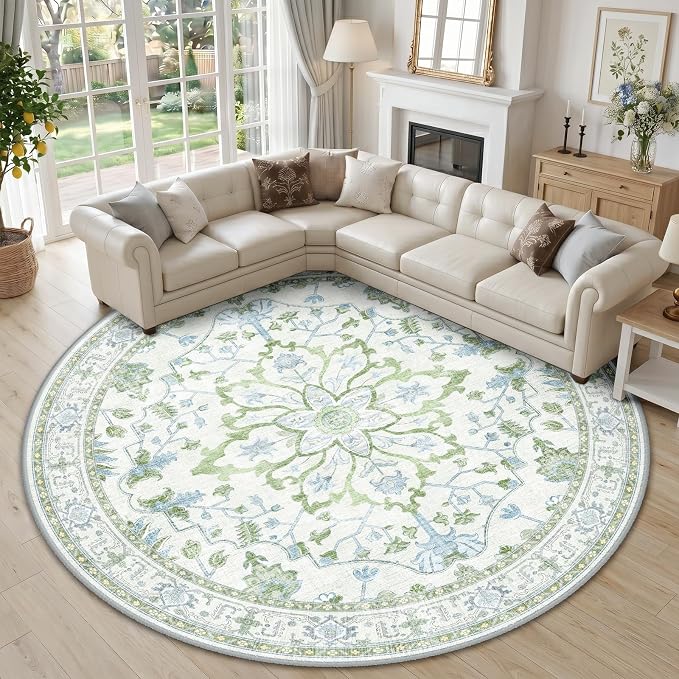 RELEANY Washable Area Rug, Round 10ft, Water Repellent, Pet Friendly, Vintage by RELEANY