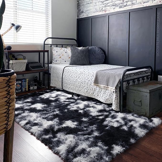 Black White Grey Bedroom Rugs 4x6 Ft, Soft Fuzzy Plush Indoor Floor Area Rug | - Image 9