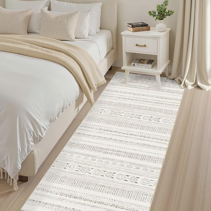 cotiled Hallway 2.6x8 Runner Rugs Washable Boho Rug Brown/Cream | Stain - Image 3