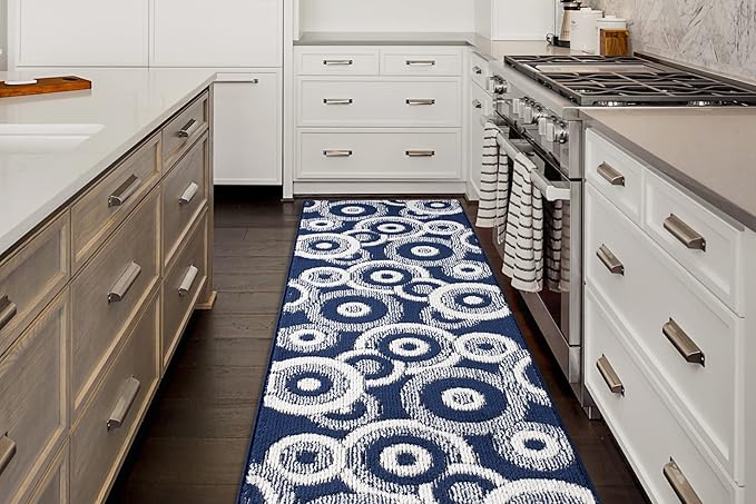 Custom Length Cut to Size Retro Modern Coastal Carpet Runner Rug for Hallways, Non Slip Rubber Backed, 31 inch Wide X Customized Length, Geo Blue, 31 inch X 25 feet