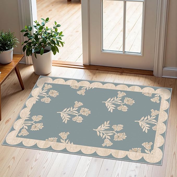 Front Door Mat Indoor Outside Entrance 2x3 Blue Scalloped Entry Rug | Non-Slip by Othilic