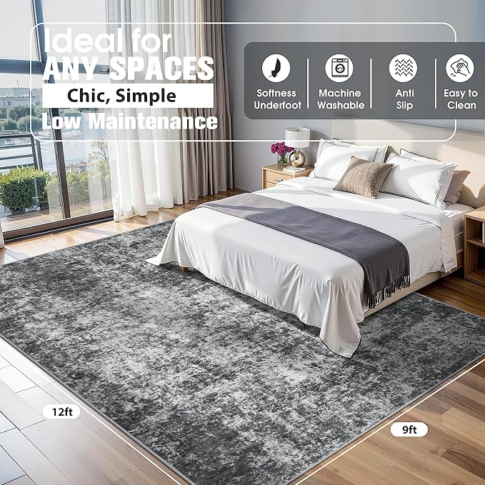 9x12 Area Rugs for Living Room Washable Bedroom Dining Room Black Grey | Modern - Image 2