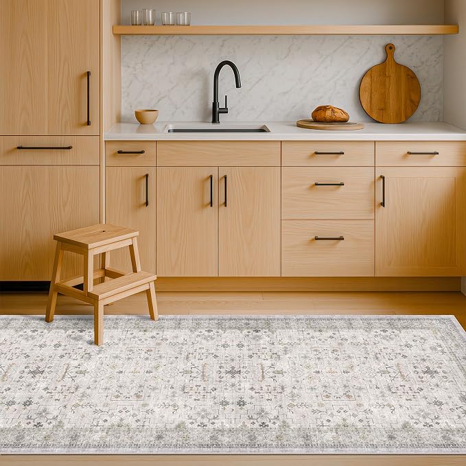 Washable 8ft Long Runners for Hallways, 2x8 Light Gray & Sage Kitchen Runner Rug by HazoHaus