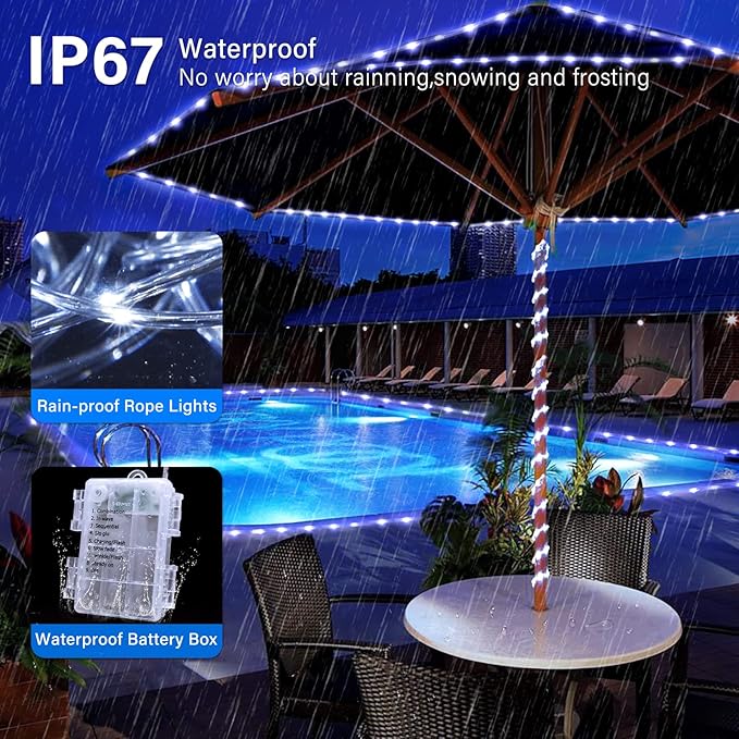 JMEXSUSS 2 Pack Rope Lights Battery Operated String Lights Outdoor Waterproof, Total 66ft 200 LED 8 Modes White Battery Powered Light with Remote for Canopy Tent Camping Patio Garden Decor