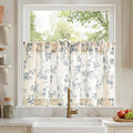 Blue on Beige Linen Kitchen Curtains Rod Pocket 26W X 24L 2 Panels | Elisa by Lazzzy