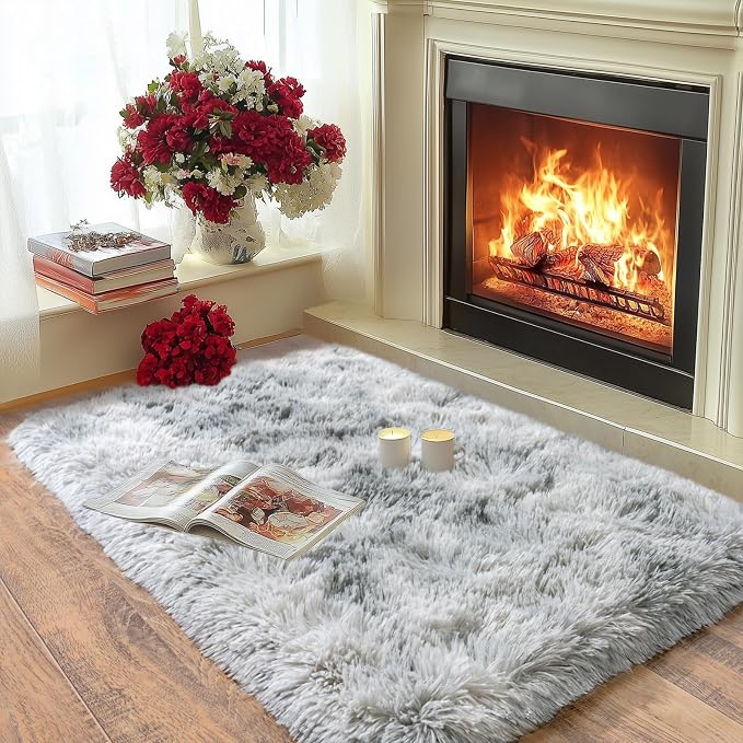 Fluffy Small Rug for Bedroom 2x3 Feet, Shag Soft Area Rug, Tie Dye Grey | - Image 3