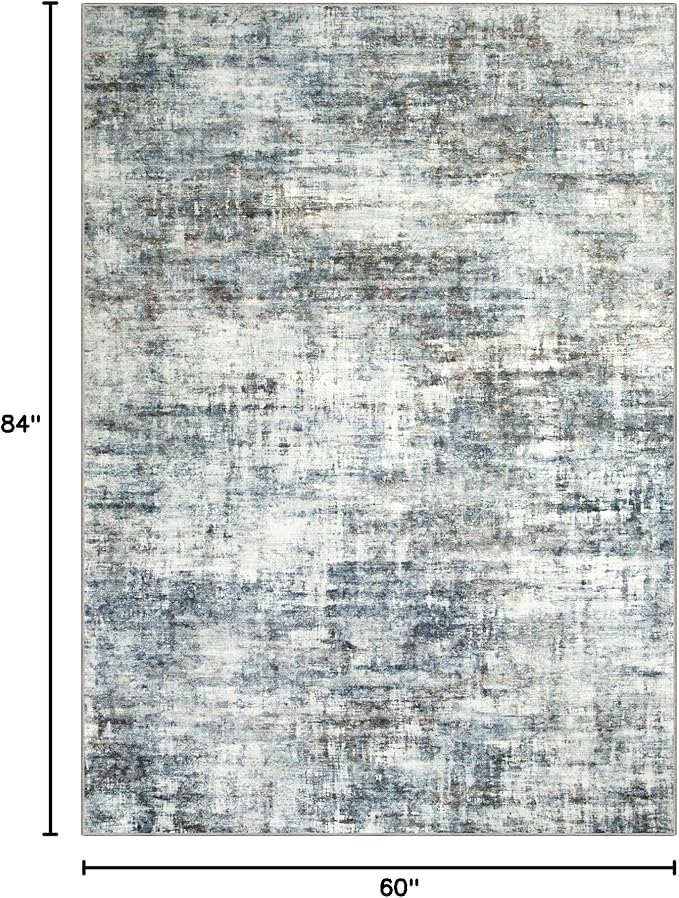 5x7 Area Rugs for Living Room: Washable Abstract Blue Multi Badroom Carpet | - Image 2