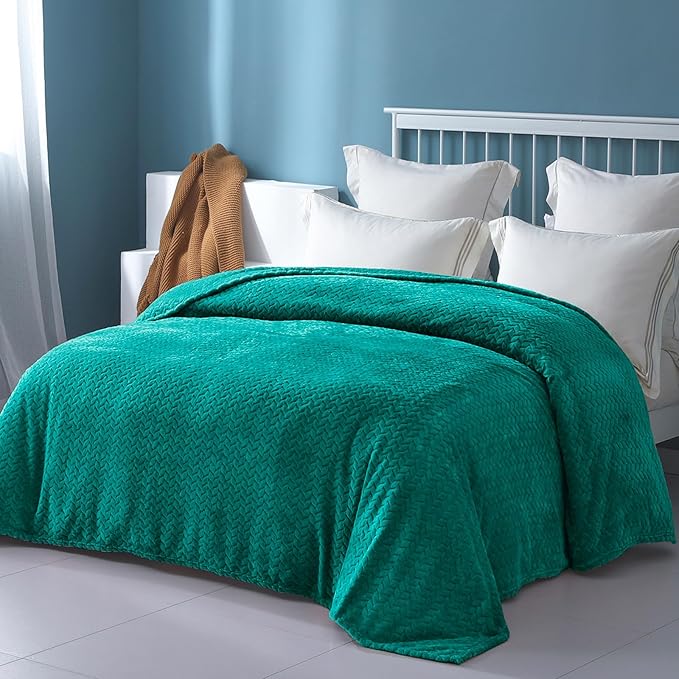 Exclusivo Mezcla Fleece Queen Size Blanket for Bed, 90x90 Inches Soft Cozy Jacquard Flannel Blankets, Lightweight Fuzzy Plush Warm for Winter, Teal