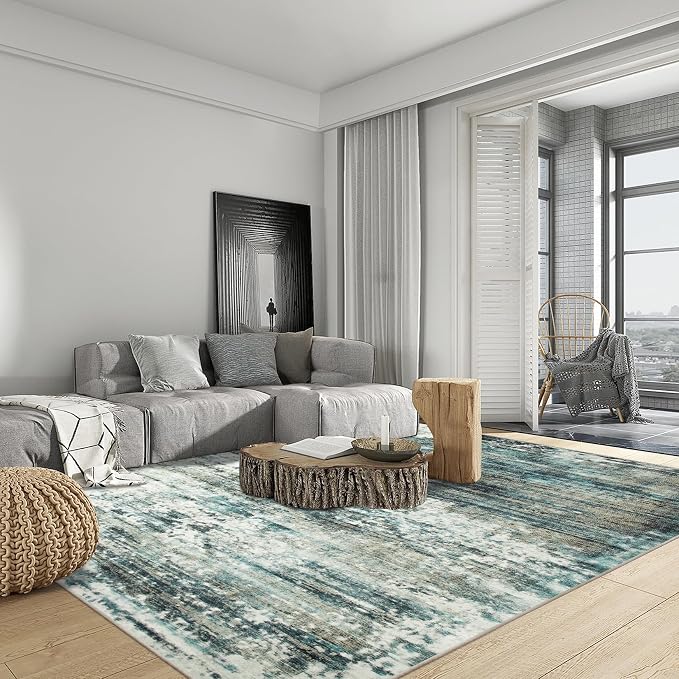 10x14 Area Rugs for Living Room: Washable Abstract Teal Green Carpet | Non-slip - Image 5