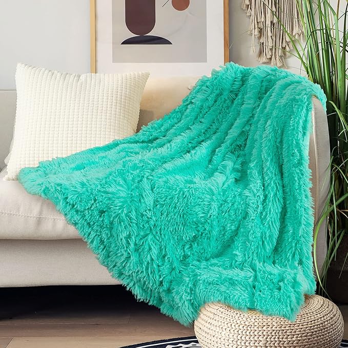 Tuddrom Decorative Extra Soft Faux Fur Blanket Queen Size 80" x 90",Solid Reversible Fuzzy Fluffy Plush Fleece Comfy Microfiber Fur Blanket for Couch Sofa Bed,Teal Blue