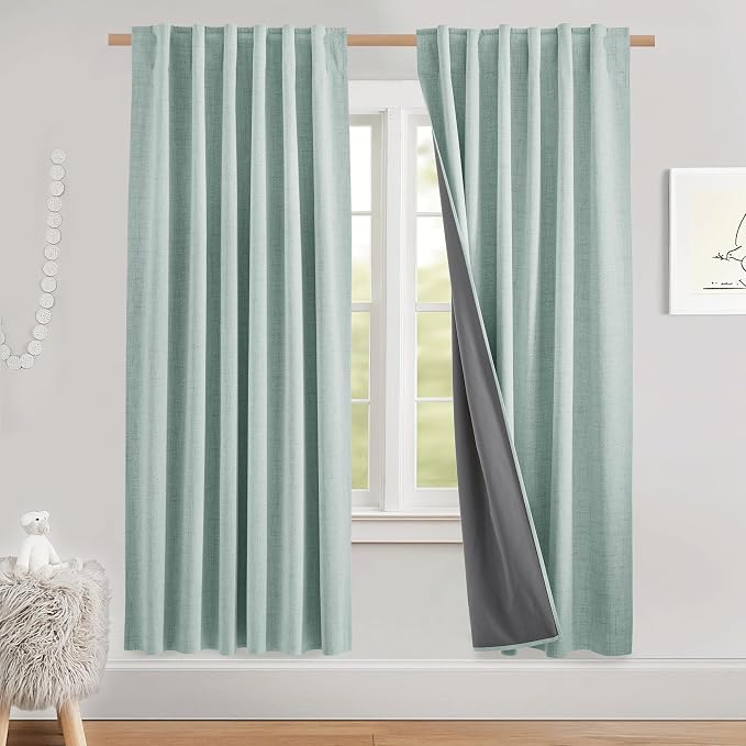 NICETOWN Seafoam Green Bedroom Full Blackout Linen Curtain Panels, Thick - Image 2