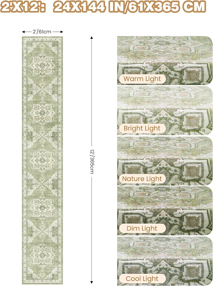 Hallway Runner Rug 2x12 Extra Long Washable Runner, Light Green | Vintage Rug - Image 9