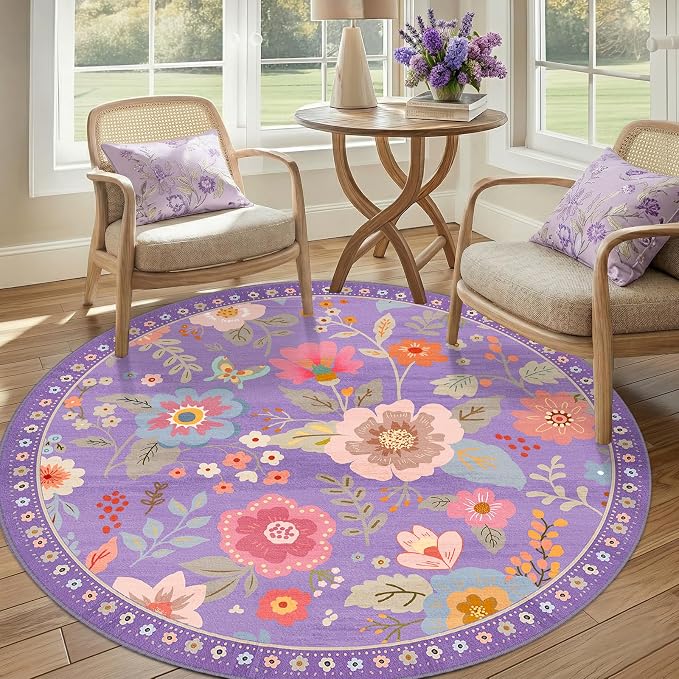 RELEANY Floral Washable Round 6ft Area Rug Purple/Pink | Flower Carpet Print - Image 2