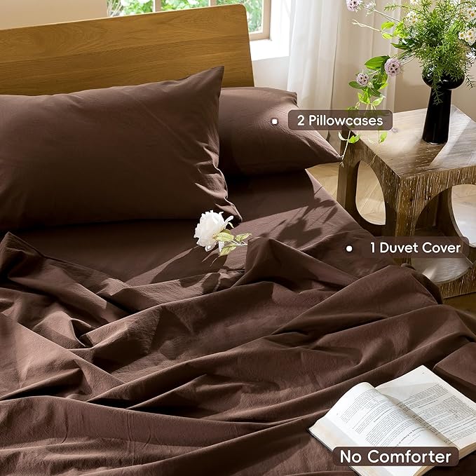 MooMee Bedding Duvet Cover Set 100% Washed Cotton Linen Like Textured Breathable Durable Soft Comfy (Solid Cocoa Brown, Oversized Queen 98"x98")