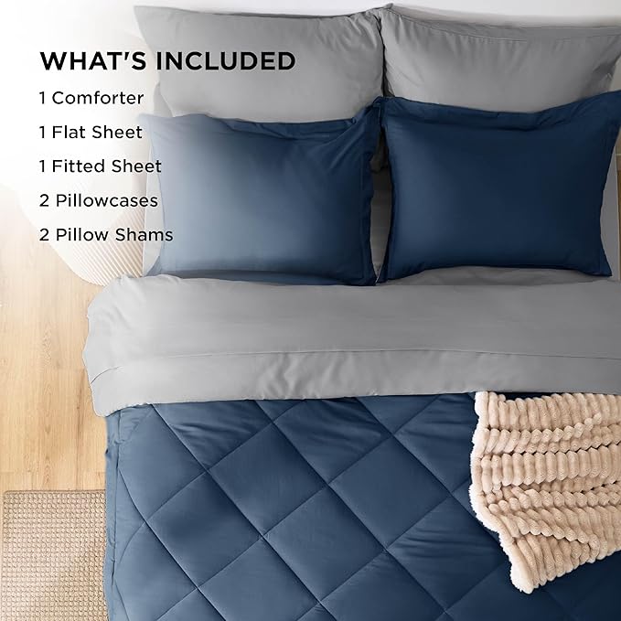 Bedsure King Size Comforter Set - 7 Pieces Reversible Navy Bedding, King Size Bed Set for All Seasons, Bed in a Bag with Down Alternative Comforter, Sheets, Pillowcases & Shams