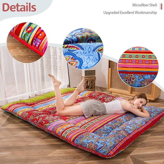 MAXYOYO Bohemian Retro Floor Mattress Vintage Floral Japanese Futon Mattress Roll Up Thicken Sleeping Bed Portable Camping Mattress Floor Lounger Couch Bed Mattress Pad, Twin Size