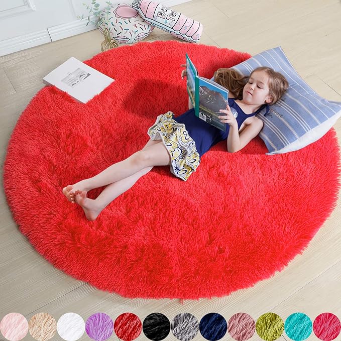 Amdrebio Red Fluffy Round Rug 5Ft by Amdrebio