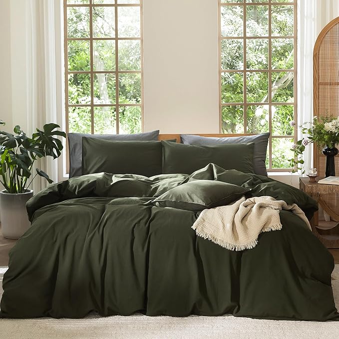 MooMee Bedding Duvet Cover Set 100% Washed Cotton Linen Like Textured Breathable Durable Soft Comfy (Solid Olive Green, Oversized King Plus 128"x120")