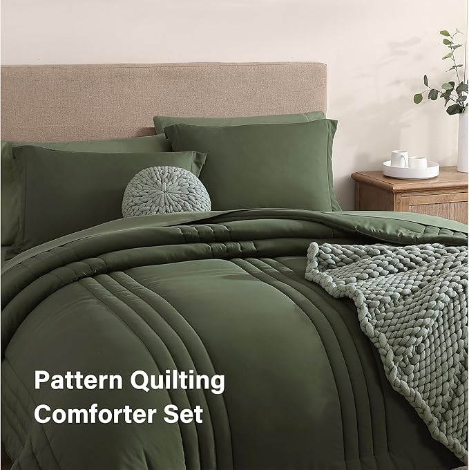 Monbix King Size Comforter Set - 7 Pieces Bed in a Bag King, Olive Green Bedding Sets with Comforter, All Seasons Down Alternative Comforter Bed Set with Sheets, Pillowcases & Shams