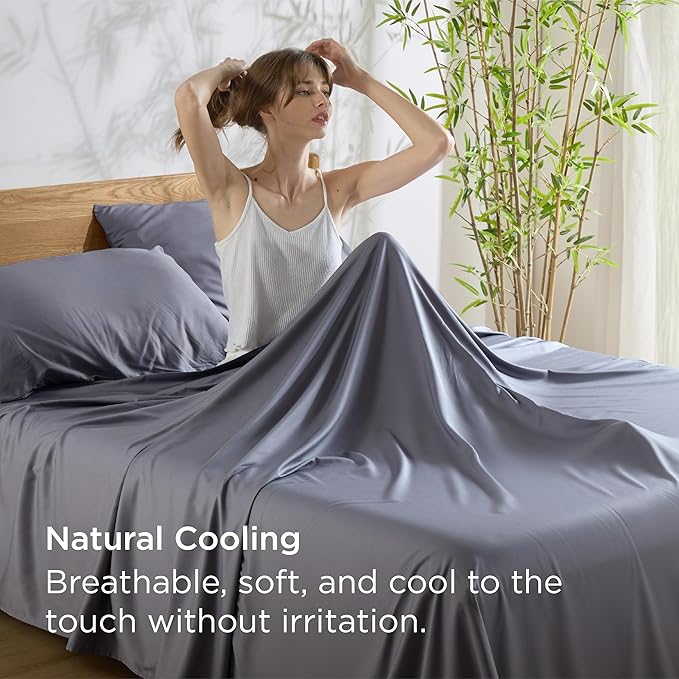 Bedsure Queen Sheet Set, Cooling Sheets for Queen Size Bed Set, Rayon Derived from Bamboo, Breathable & Soft, Deep Pocket Up to 16", Hotel Luxury Silky Bedding for Hot Sleepers, Dark Grey