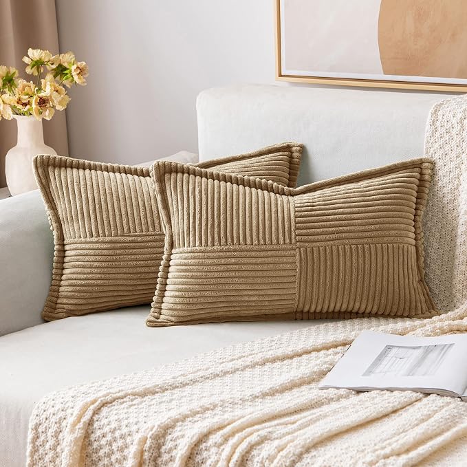 MIULEE Decorative Lumbar Throw Pillow Covers 12x20 Inch Khaki 2 Pack | Boho by MIULEE