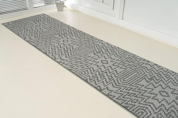 Custom Size Southwestern Style Runner Rug Mat for Wide Hallway Entryway Kitchen Laundry Room with Slip Resistant Latex Rubber Backing, Inca Grey, 31 inch X 20 feet